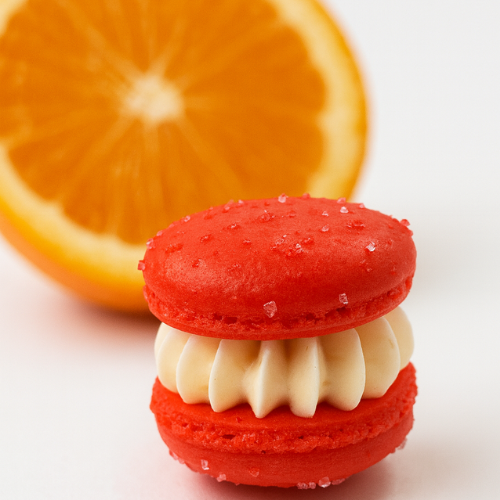 Red Cranberry Orange filled macaron with white filling in front of a sliced orange on a white background