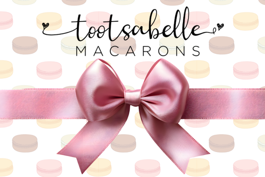 Tootsabelle Macarons logo with a pink bow and macaron pattern